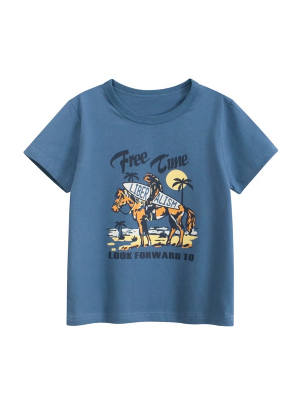 Blue Kids Graphic Tee - 'Free Time' Horse Print